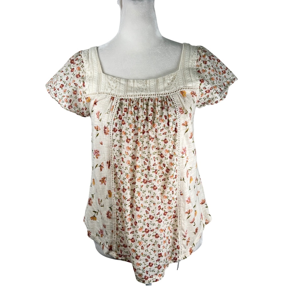 SO Goods For Life Womens Floral Lace Trim Square Neck Top Cream Small